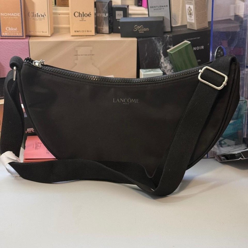 Lancome • Black Nylon Crescent Crossbody Bag Purse• Adjustable Strap • New